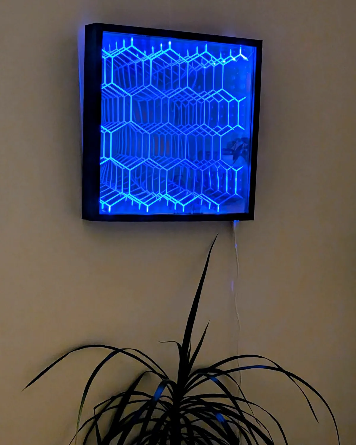 The finished mirror mounted on a wall above a houseplant, glowing blue